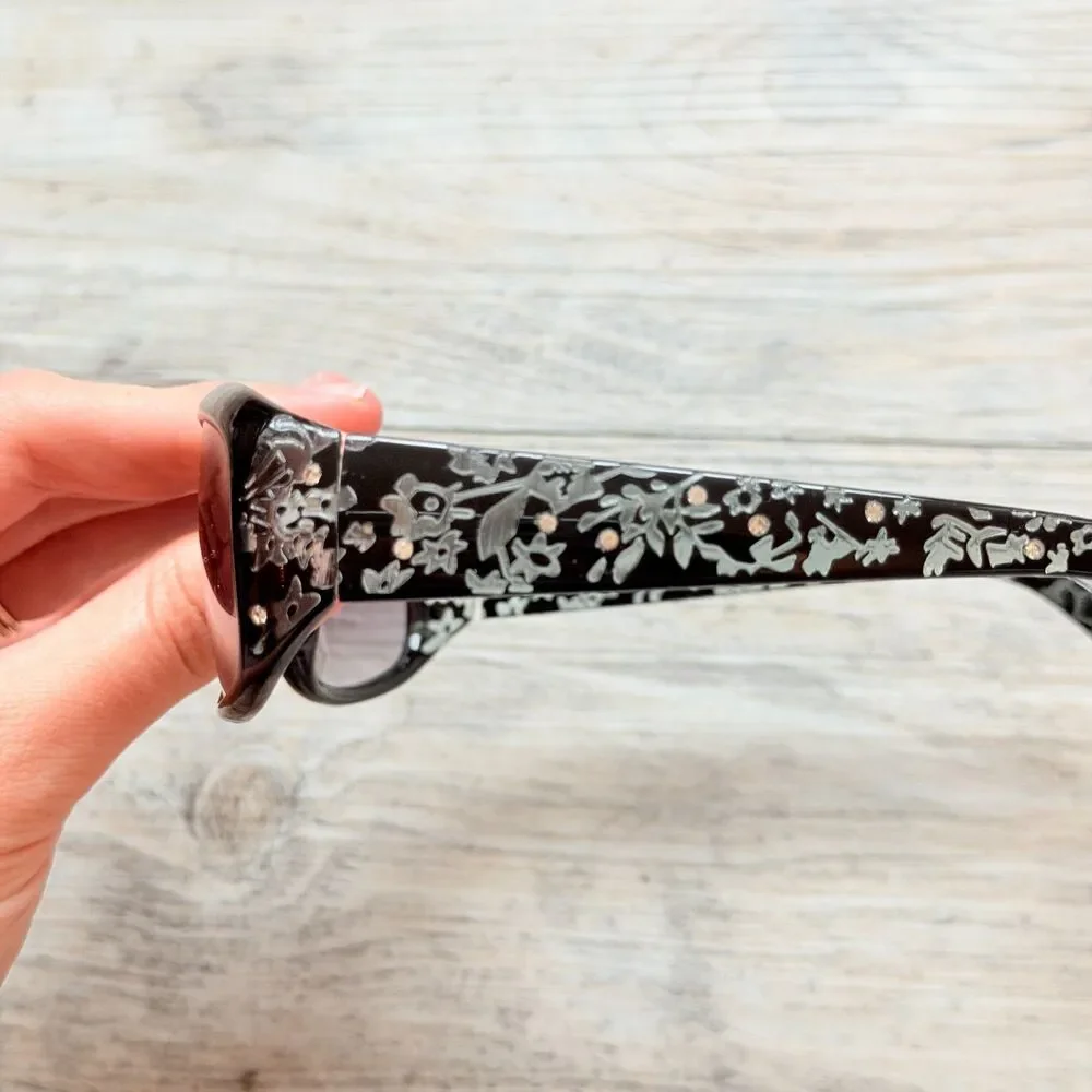 Y2K Foster Grant Black Floral Rhinestone Sunglasses Gray Rectangle Wrap Frame